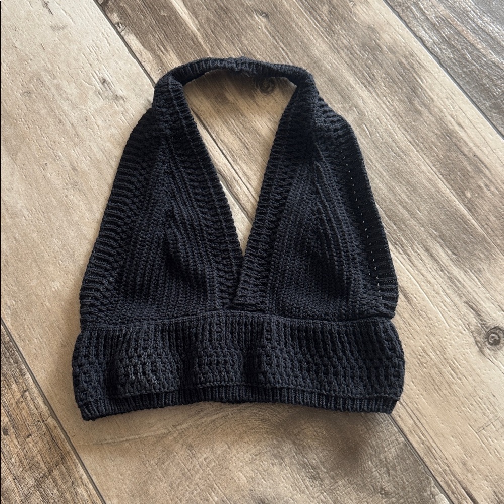 Knitted crochet black triangle bra